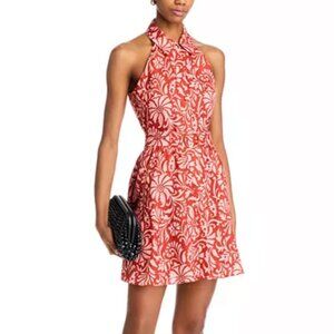 Veronica Beard Beau Red Pink Floral Print Belted Linen Halter Flowy Dress sz 12